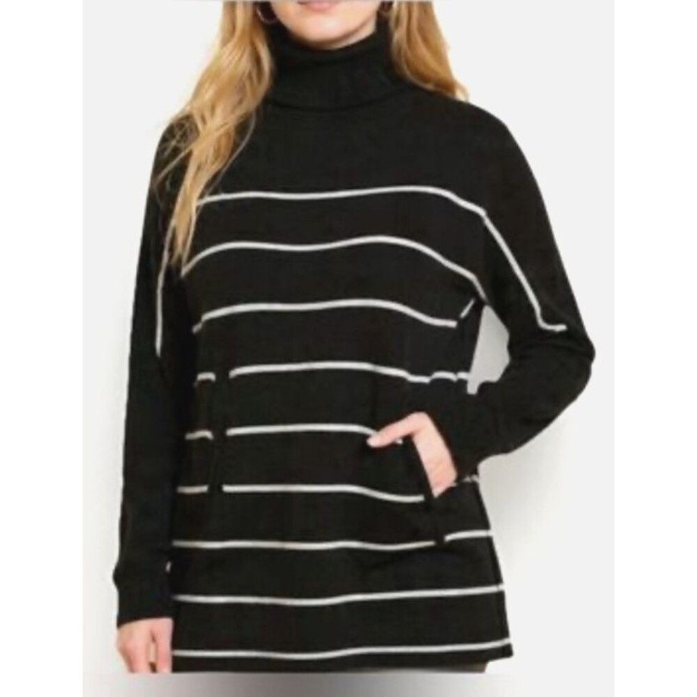 Garnet Hill Stripe Turtleneck Wool Cashmere Oversized Sweater Tunic Pocket Large